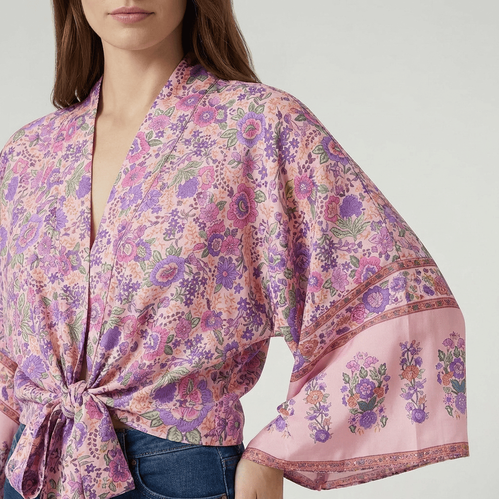 Kimono Court Femme Rose Avec Fleur