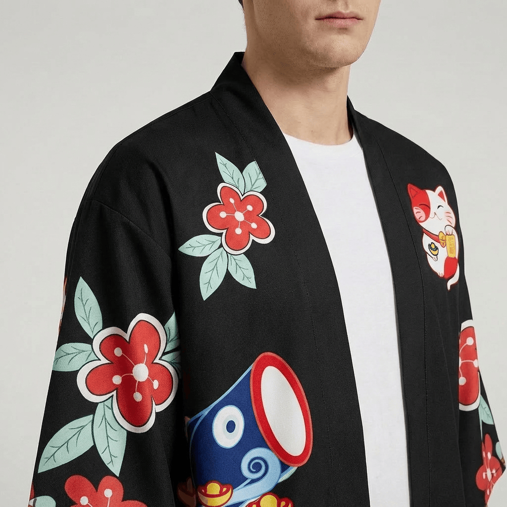 Veste Noir Kimono Homme Manche Courte