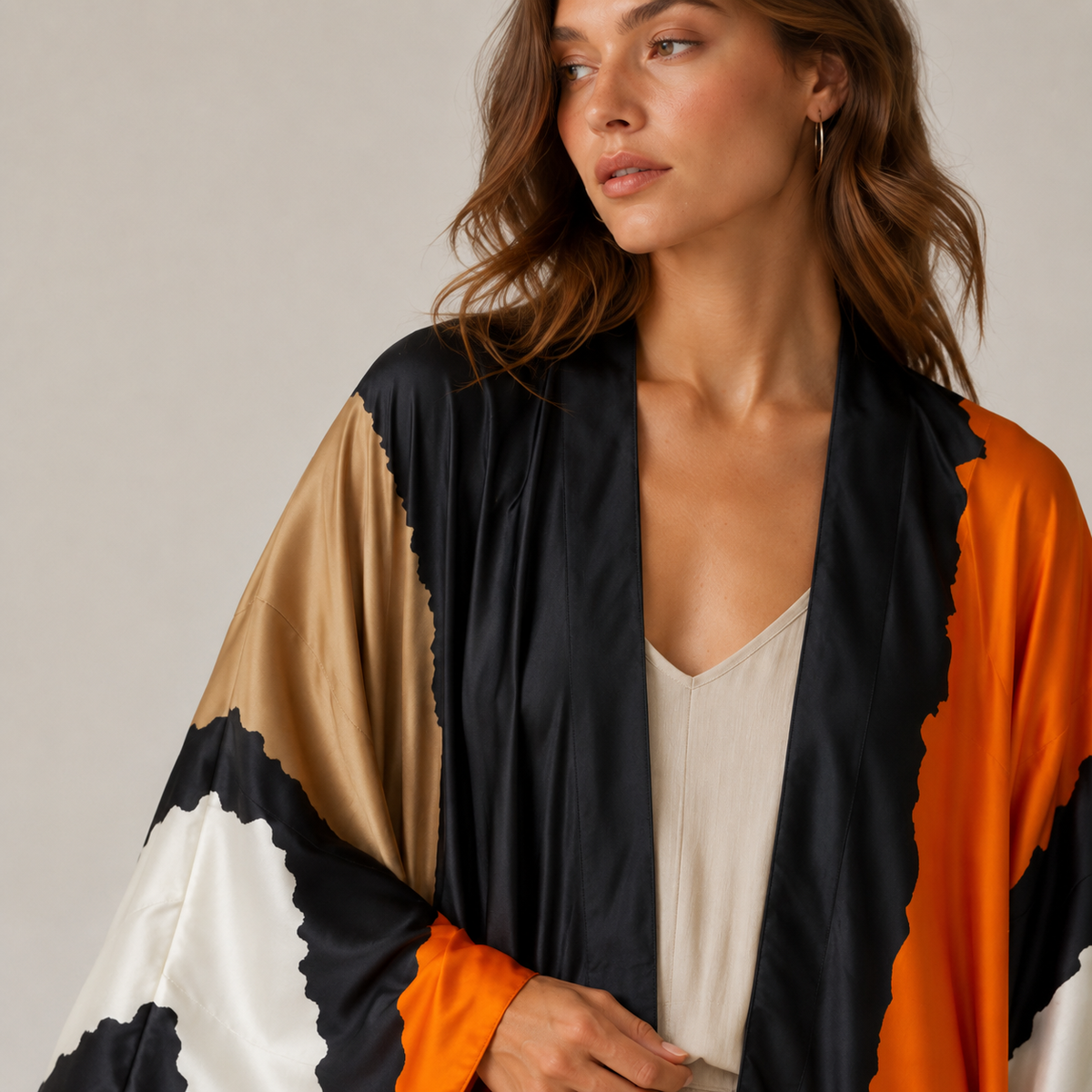 Kimono Noir Long De Plage Imprimé Géométrique Orange