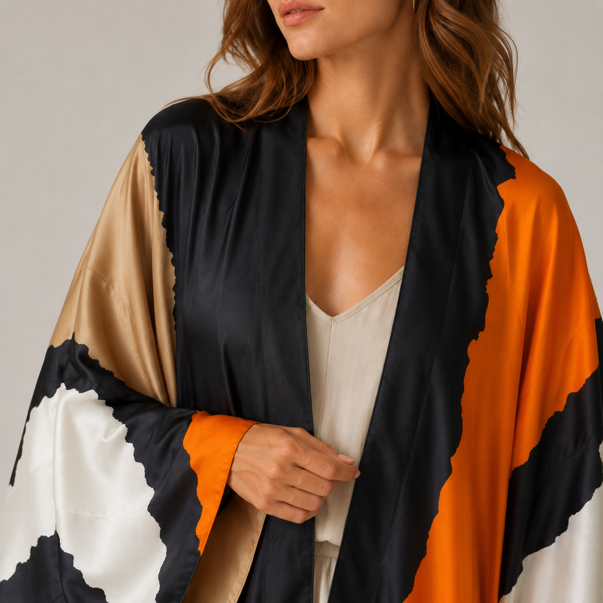 Kimono Noir Long De Plage Imprimé Géométrique Orange