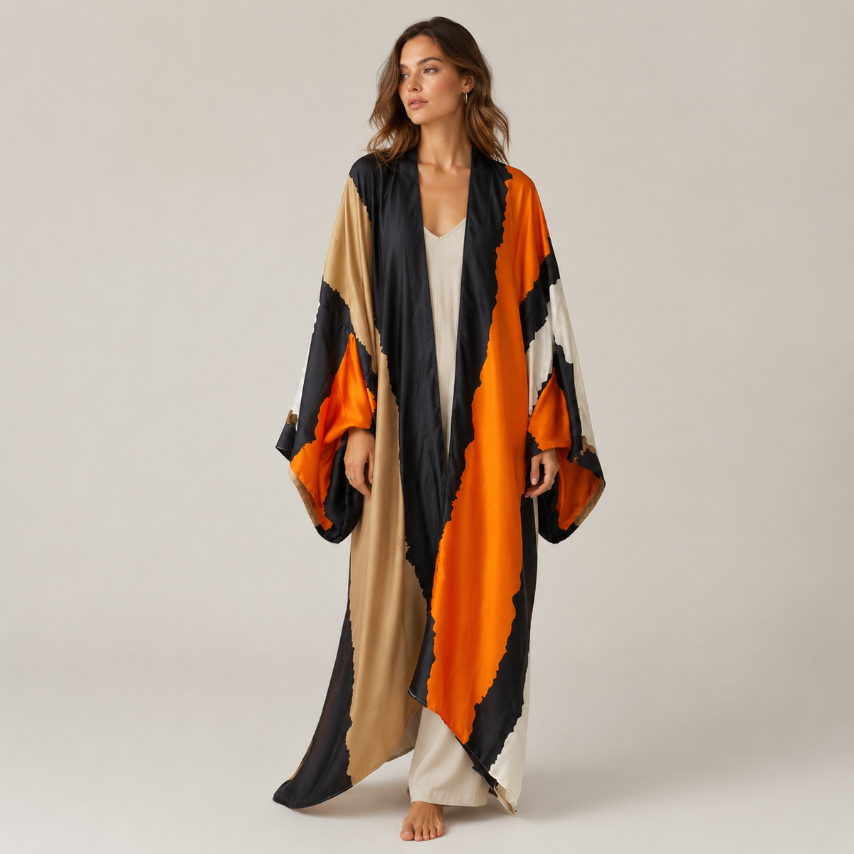 Kimono Noir Long De Plage Imprimé Géométrique Orange