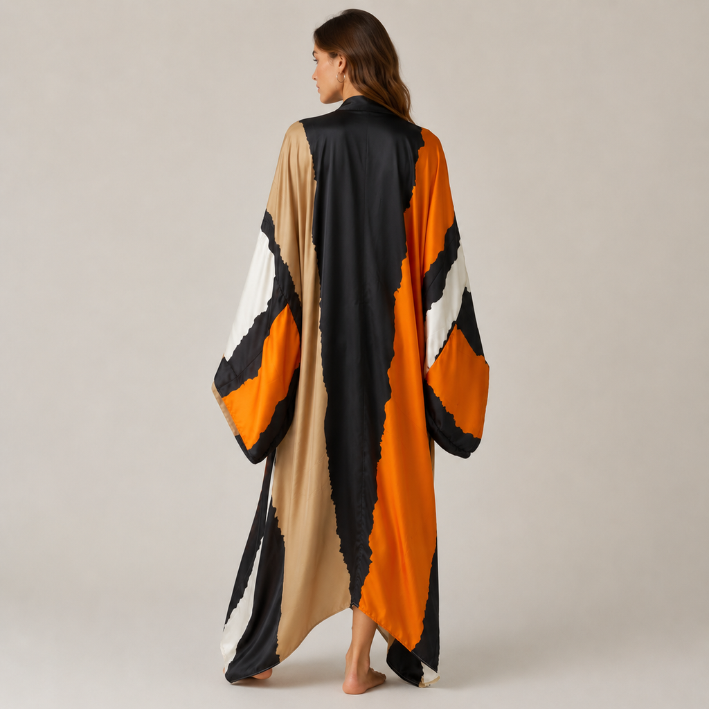 Kimono Noir Long De Plage Imprimé Géométrique Orange