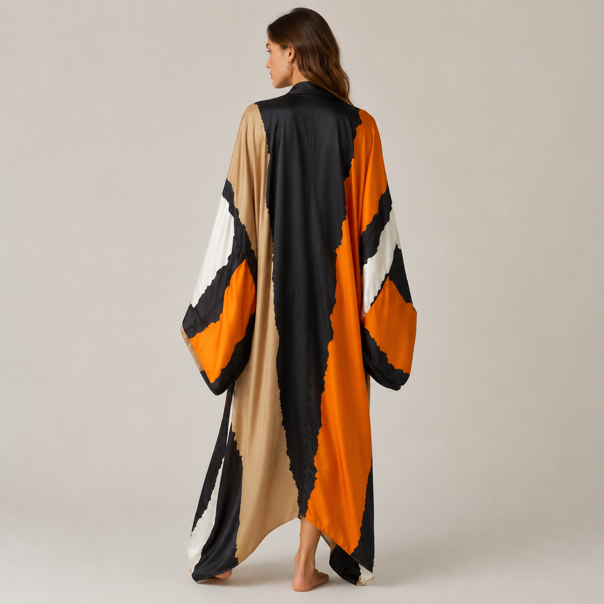 Kimono Noir Long De Plage Imprimé Géométrique Orange