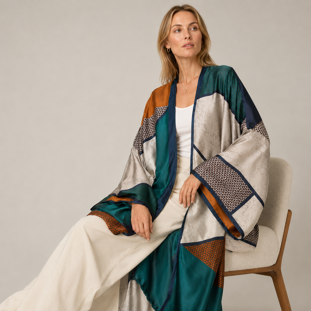 Style Kimono Long Imprimé Géométrique