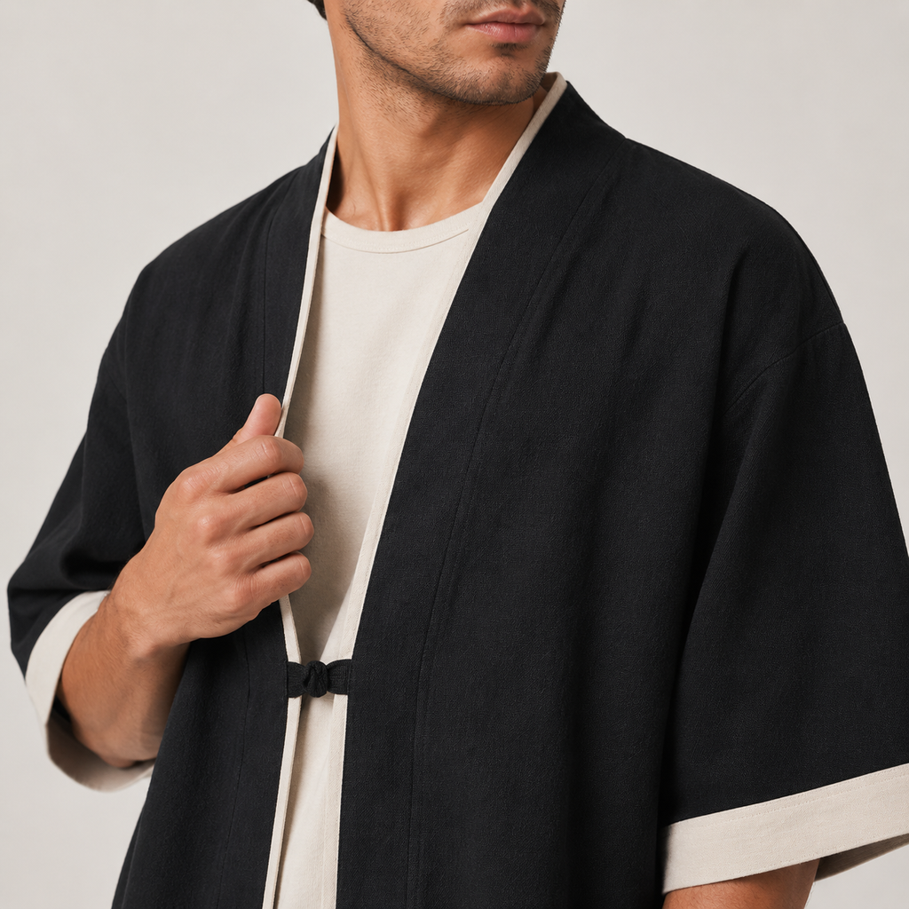 Zoom sur les détails d’une chemise kimono noire pour homme avec finitions soignées et tissu léger premium
