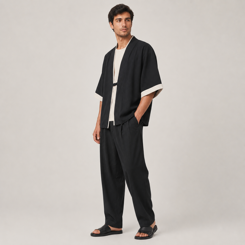 Homme portant une chemise kimono japonaise noire au style minimaliste avec coupe ample et design moderne