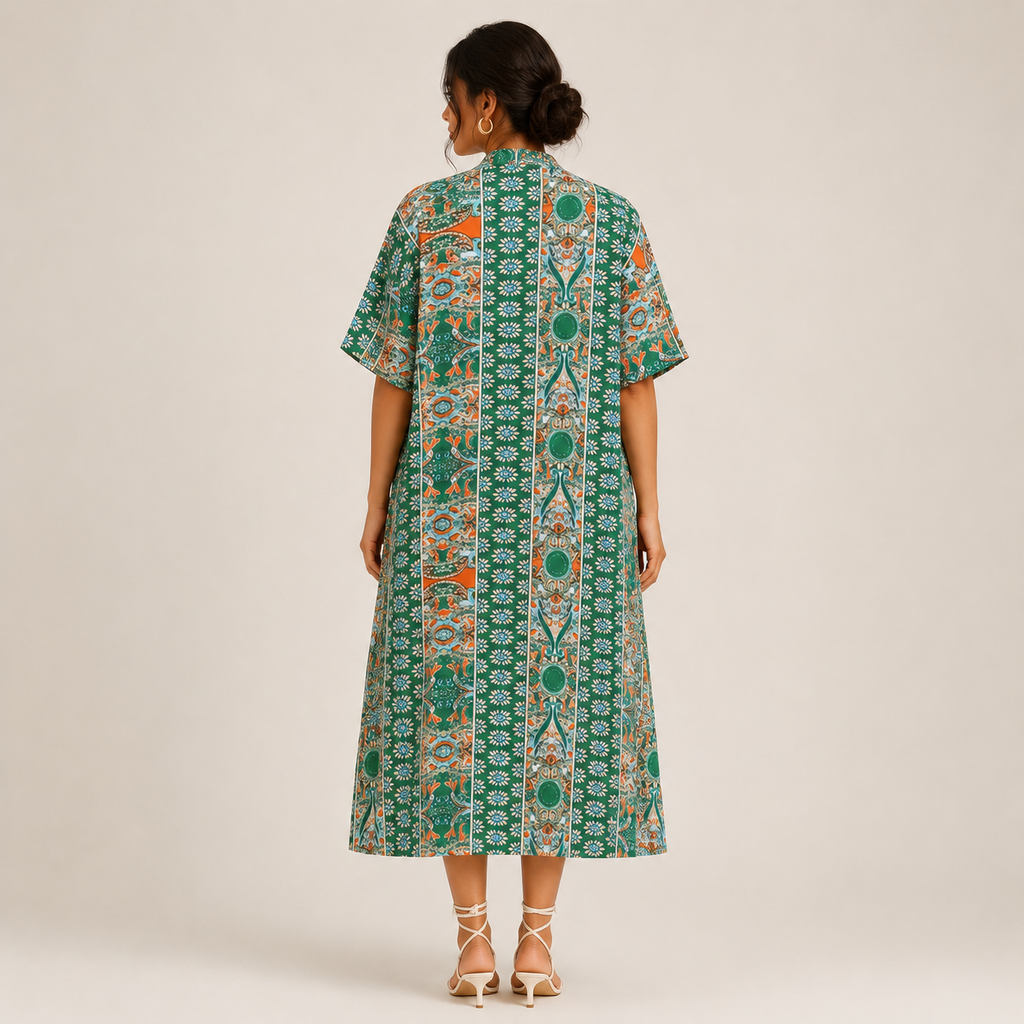 Vue arrière d’un kimono femme grande taille imprimé bohème avec coupe longue fluide et motif coloré élégant