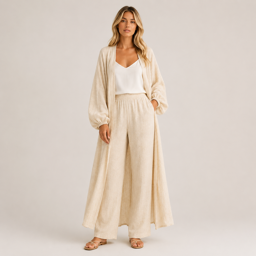 Femme portant un kimono beige pour femme style cardigan long avec coupe fluide élégante, idéal pour l’automne