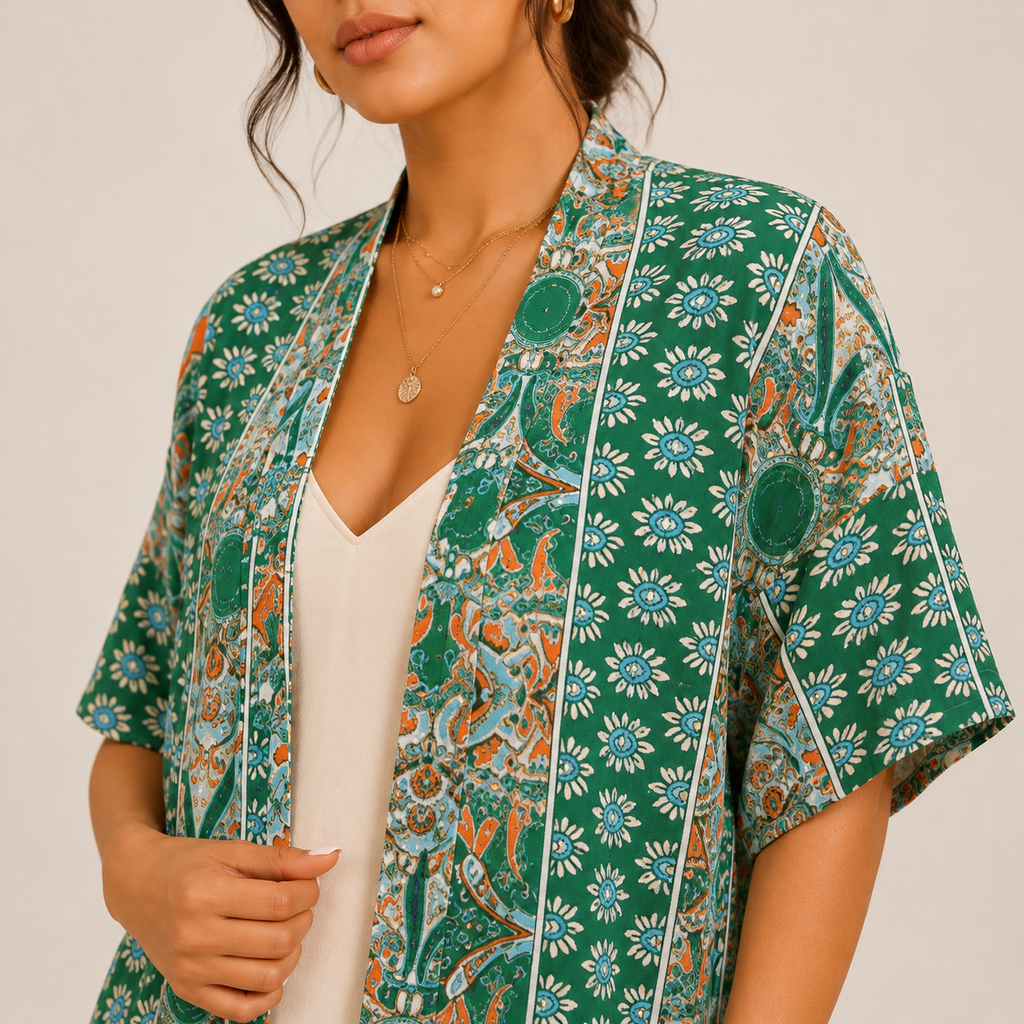 Zoom sur un kimono femme grande taille imprimé bohème montrant les détails du motif floral et les finitions du tissu fluide