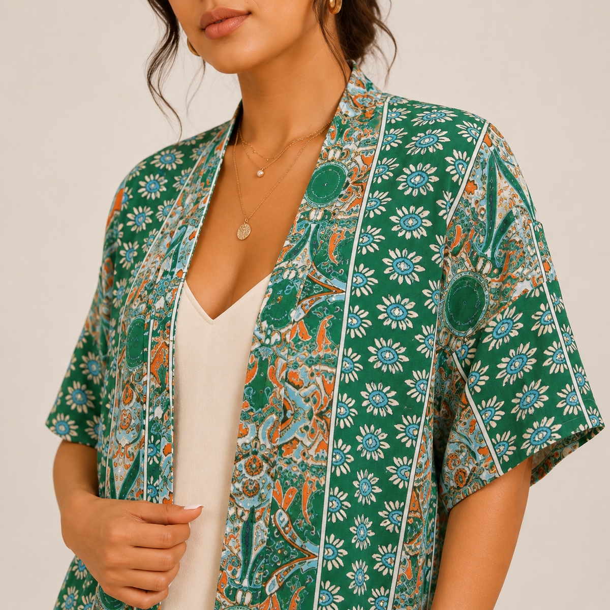 Zoom sur un kimono femme grande taille imprimé bohème montrant les détails du motif floral et les finitions du tissu fluide