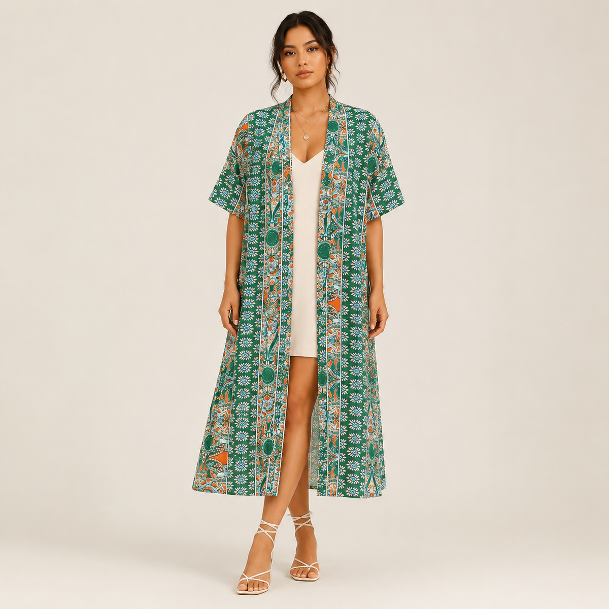 Femme portant un kimono grande taille à imprimé bohème vert avec coupe longue fluide et style élégant pour un look chic décontracté