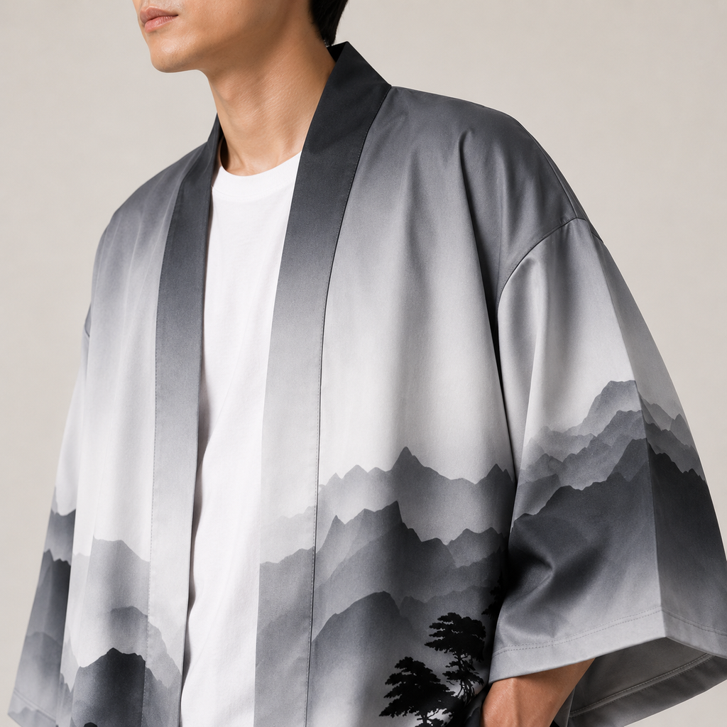 Zoom sur un kimono homme à imprimé paysage montrant les détails du tissu fluide, la coupe ample et les finitions premium