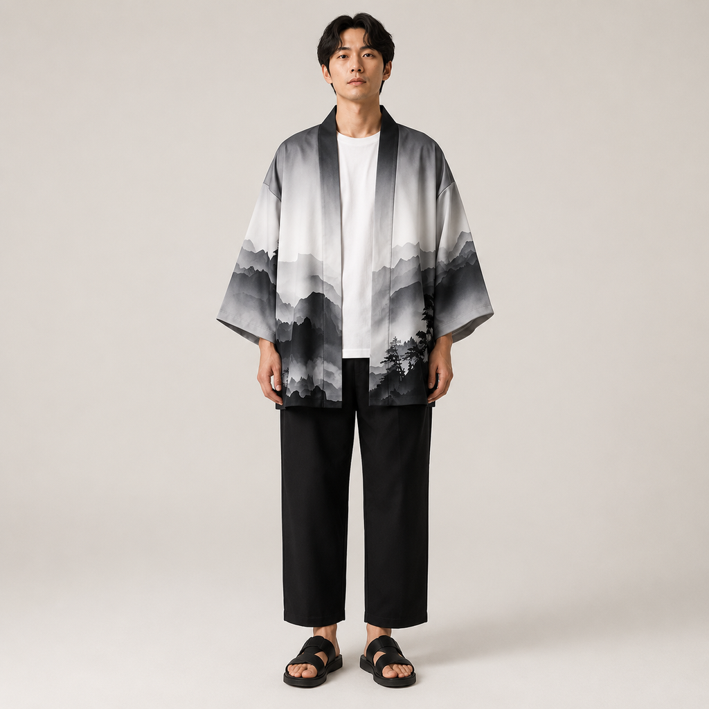 Homme portant un kimono homme à imprimé paysage gris avec coupe ample, manches larges et style japonais moderne élégant