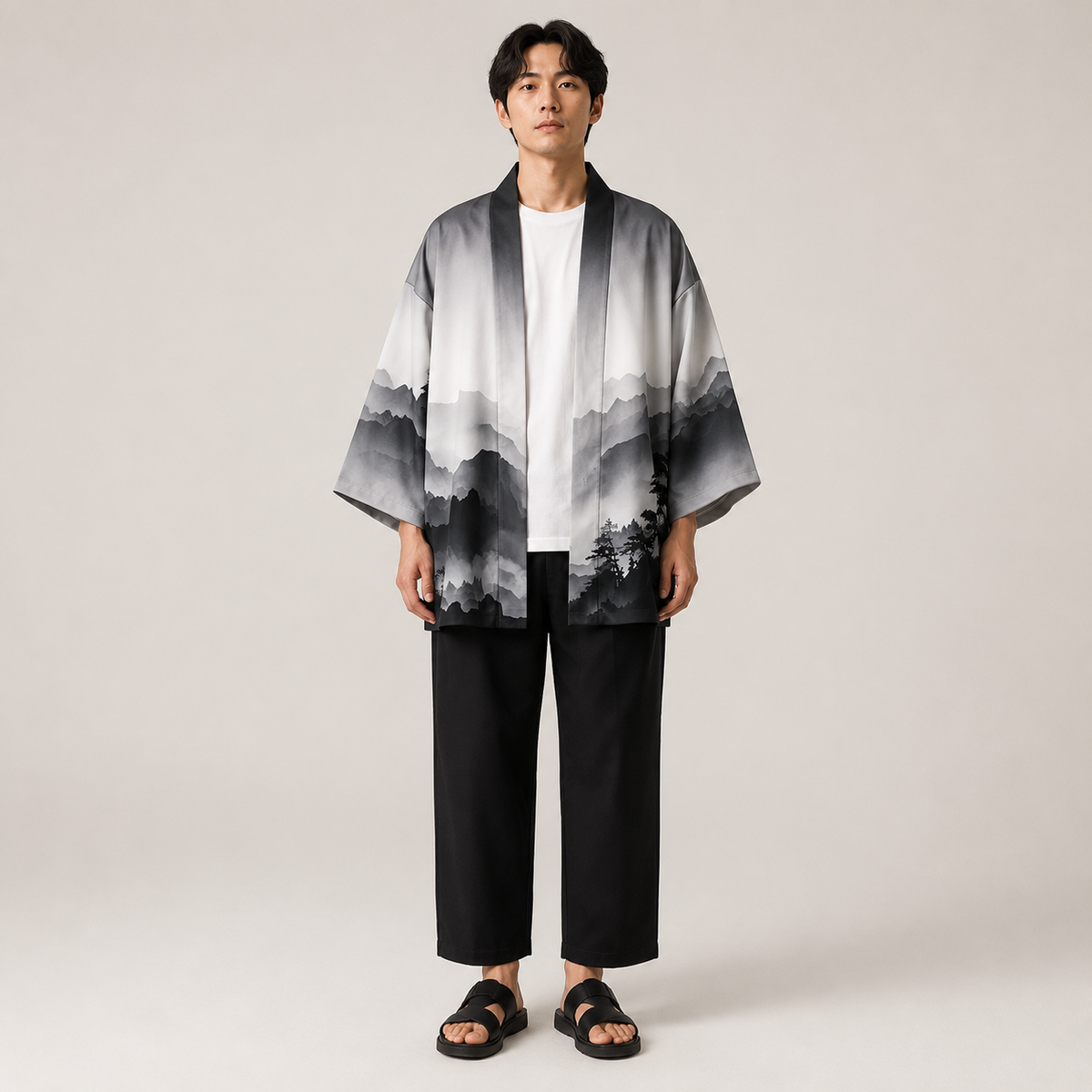 Homme portant un kimono homme à imprimé paysage gris avec coupe ample, manches larges et style japonais moderne élégant