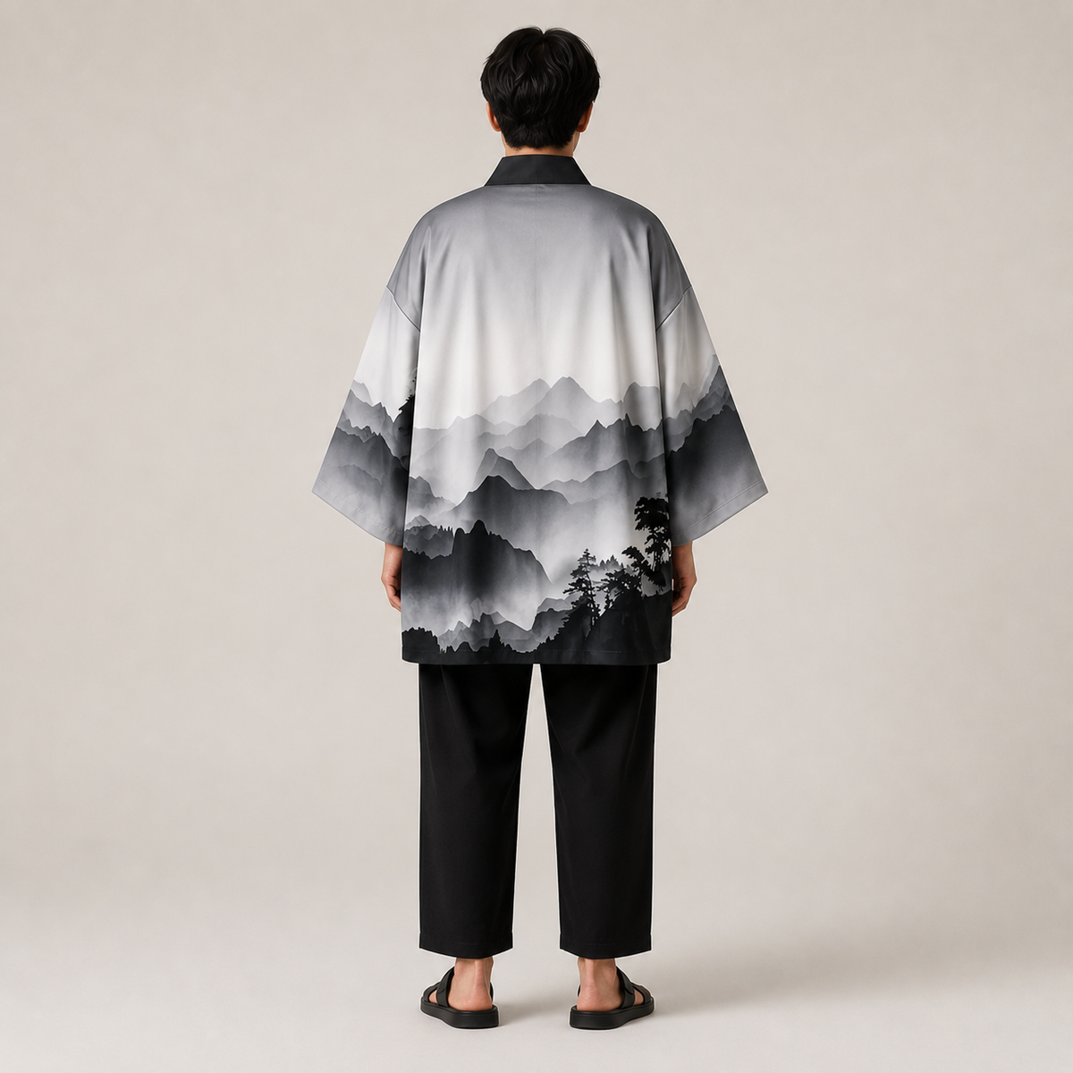Vue arrière d’un kimono homme à imprimé paysage gris avec coupe ample et design japonais inspiré des paysages traditionnels