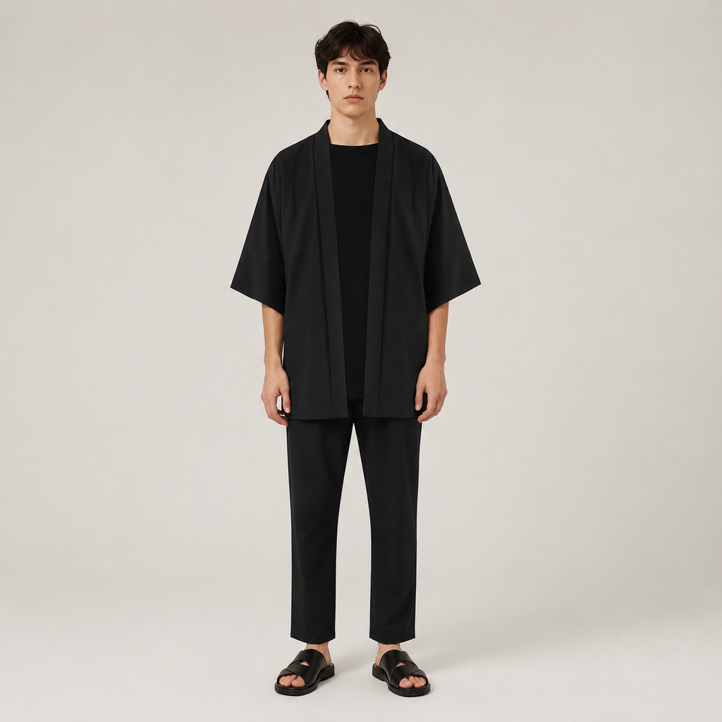 Homme portant un kimono homme noir d’été style japonais avec coupe ample, manches larges et design minimaliste élégant