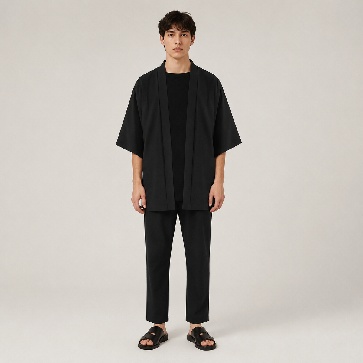Homme portant un kimono homme noir d’été style japonais avec coupe ample, manches larges et design minimaliste élégant