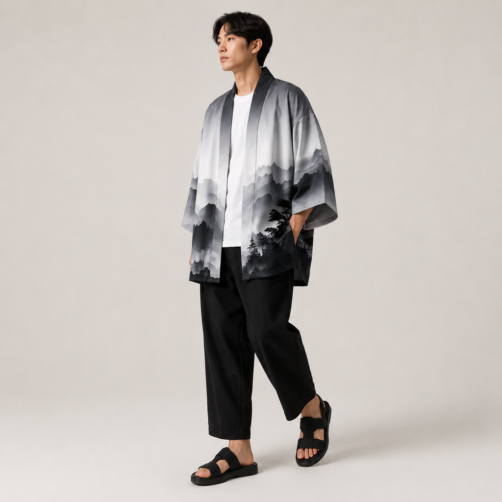 Homme portant un kimono japonais gris à imprimé paysage avec coupe ample pour un style moderne et raffiné
