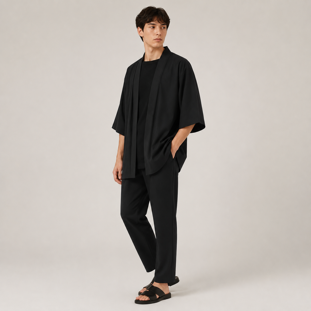 Homme portant un kimono japonais noir pour homme avec coupe fluide et style moderne parfait pour la saison estivale