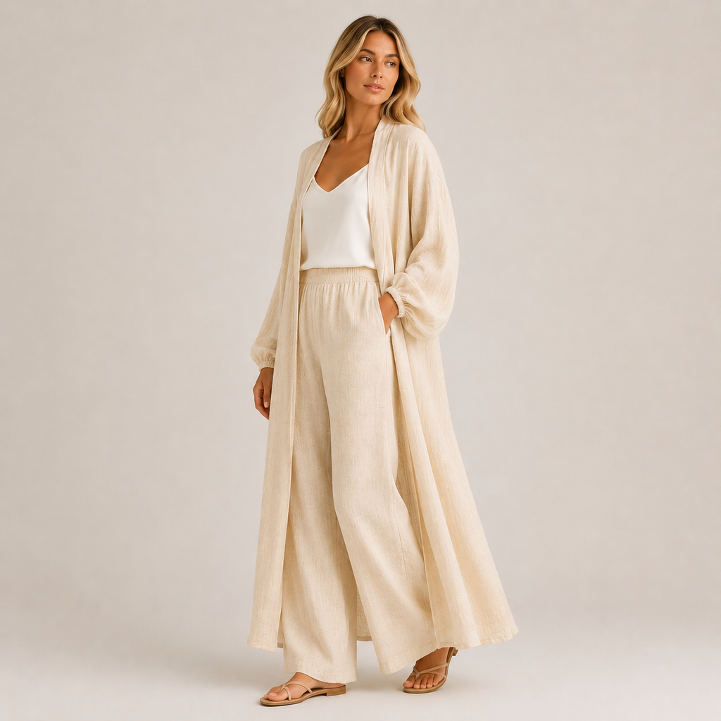 Femme portant un kimono long beige avec coupe fluide et style chic décontracté parfait pour l’automne