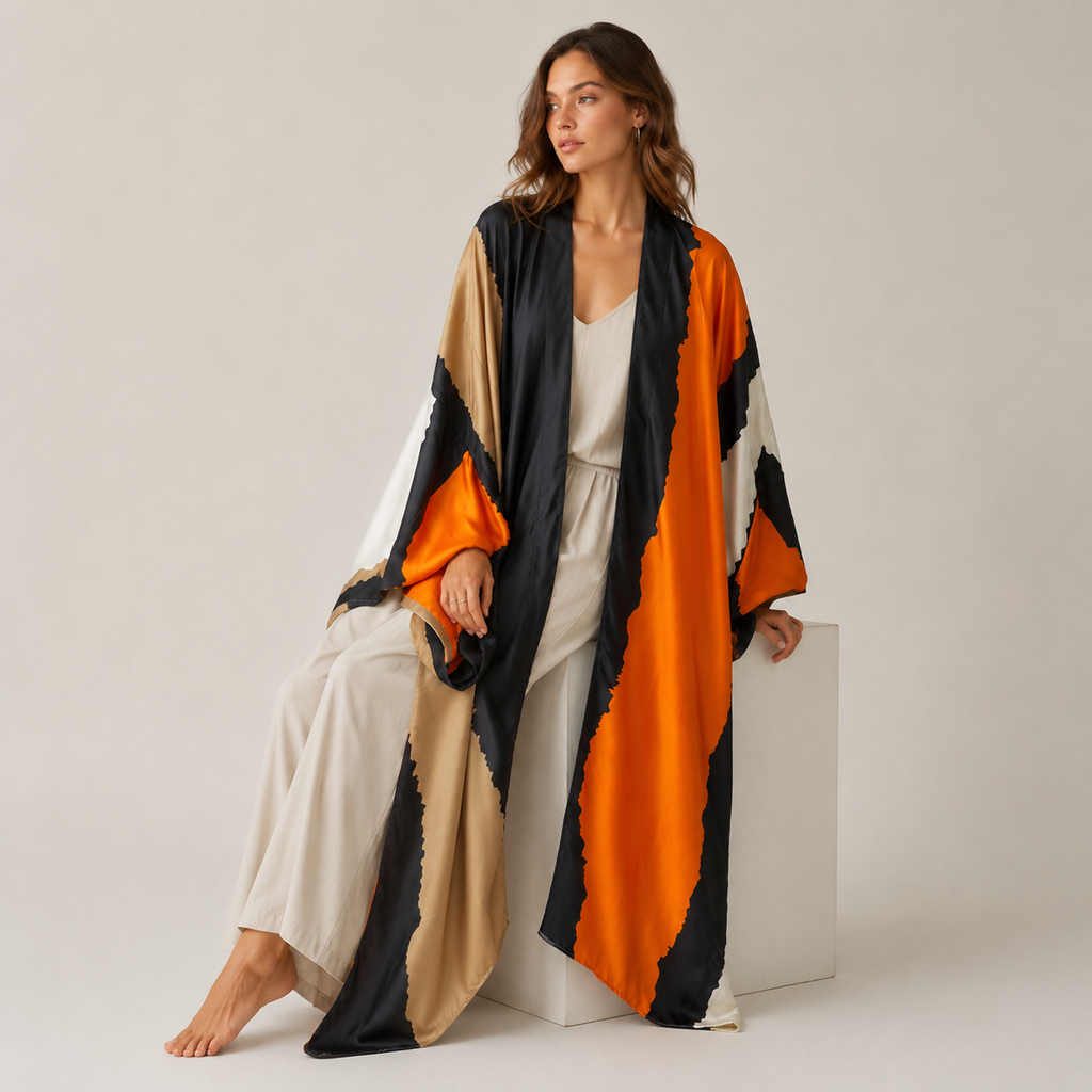 Kimono Noir Long De Plage Imprimé Géométrique Orange