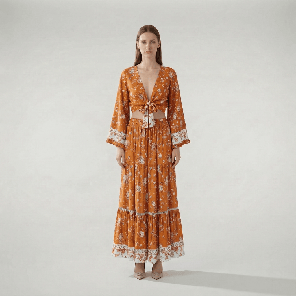 Motif floral sur fond orange brûlé