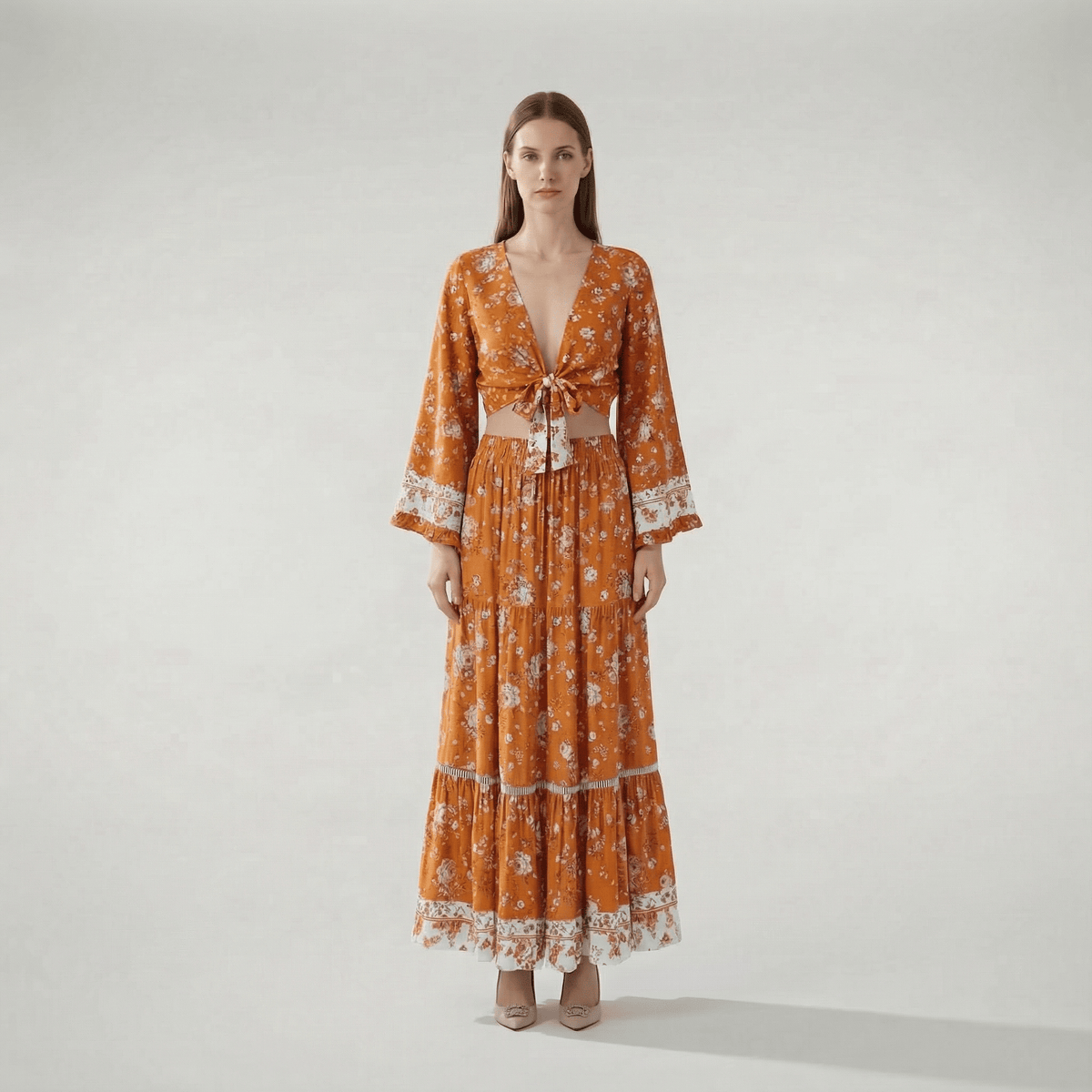 Motif floral sur fond orange brûlé
