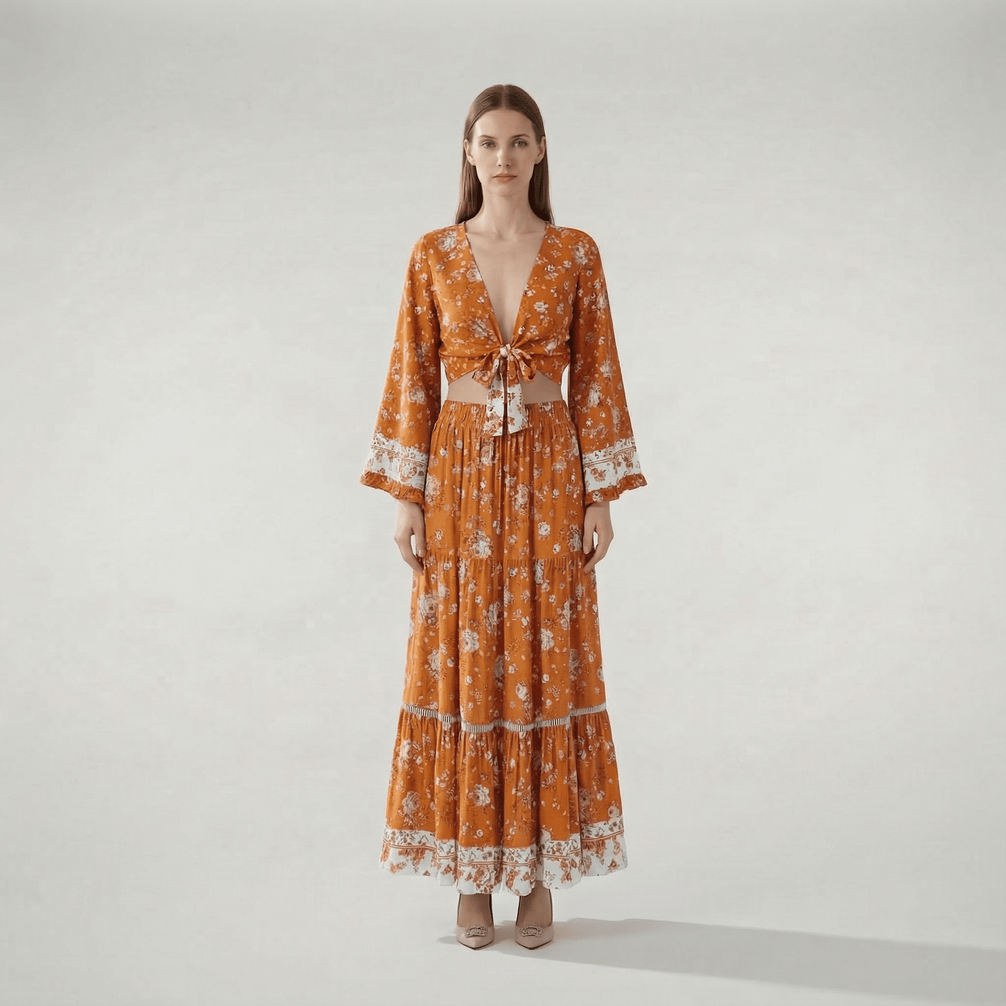 Motif floral sur fond orange brûlé