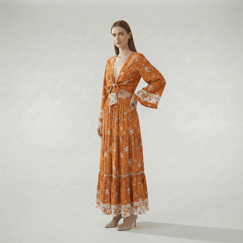 Motif floral sur fond orange brûlé