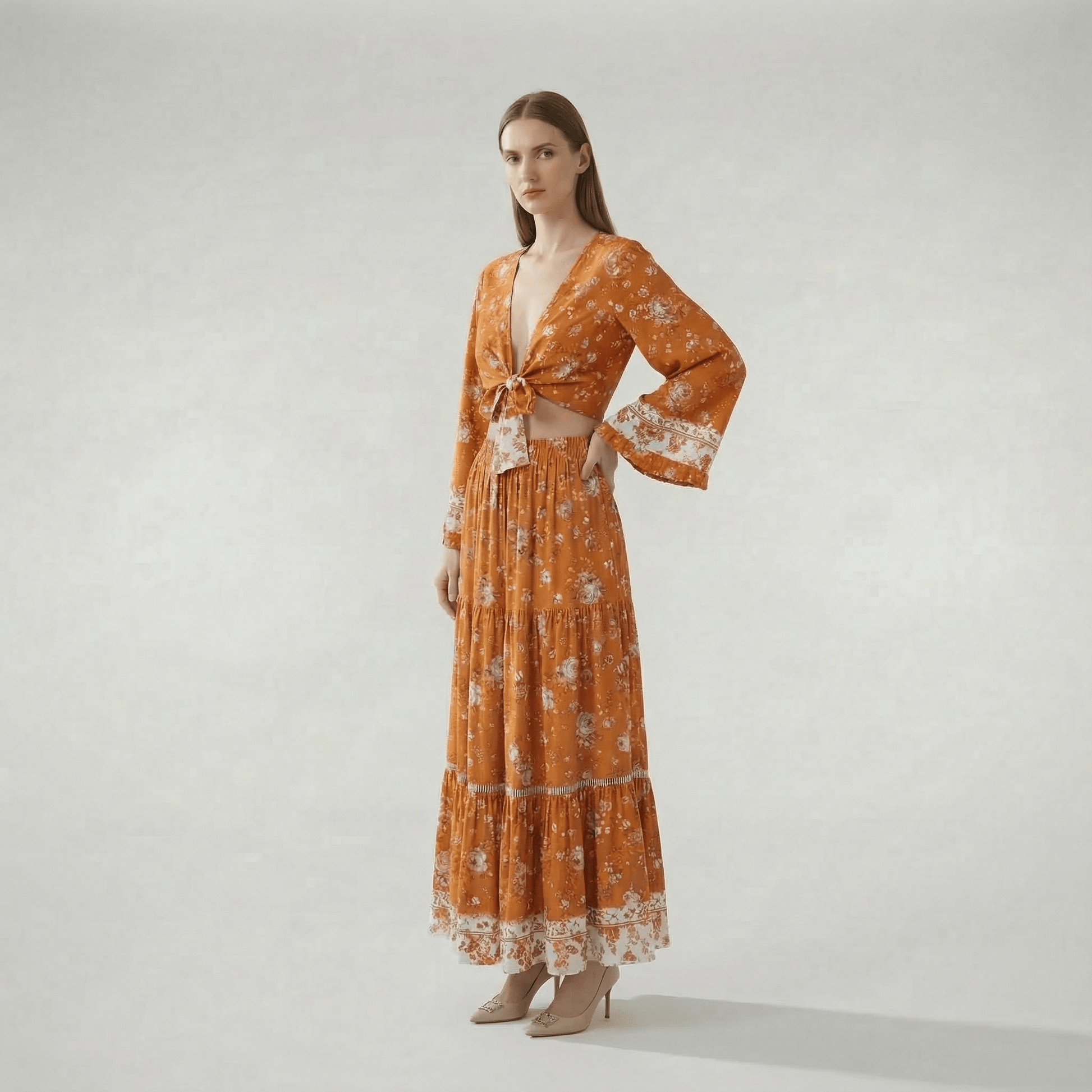 Motif floral sur fond orange brûlé