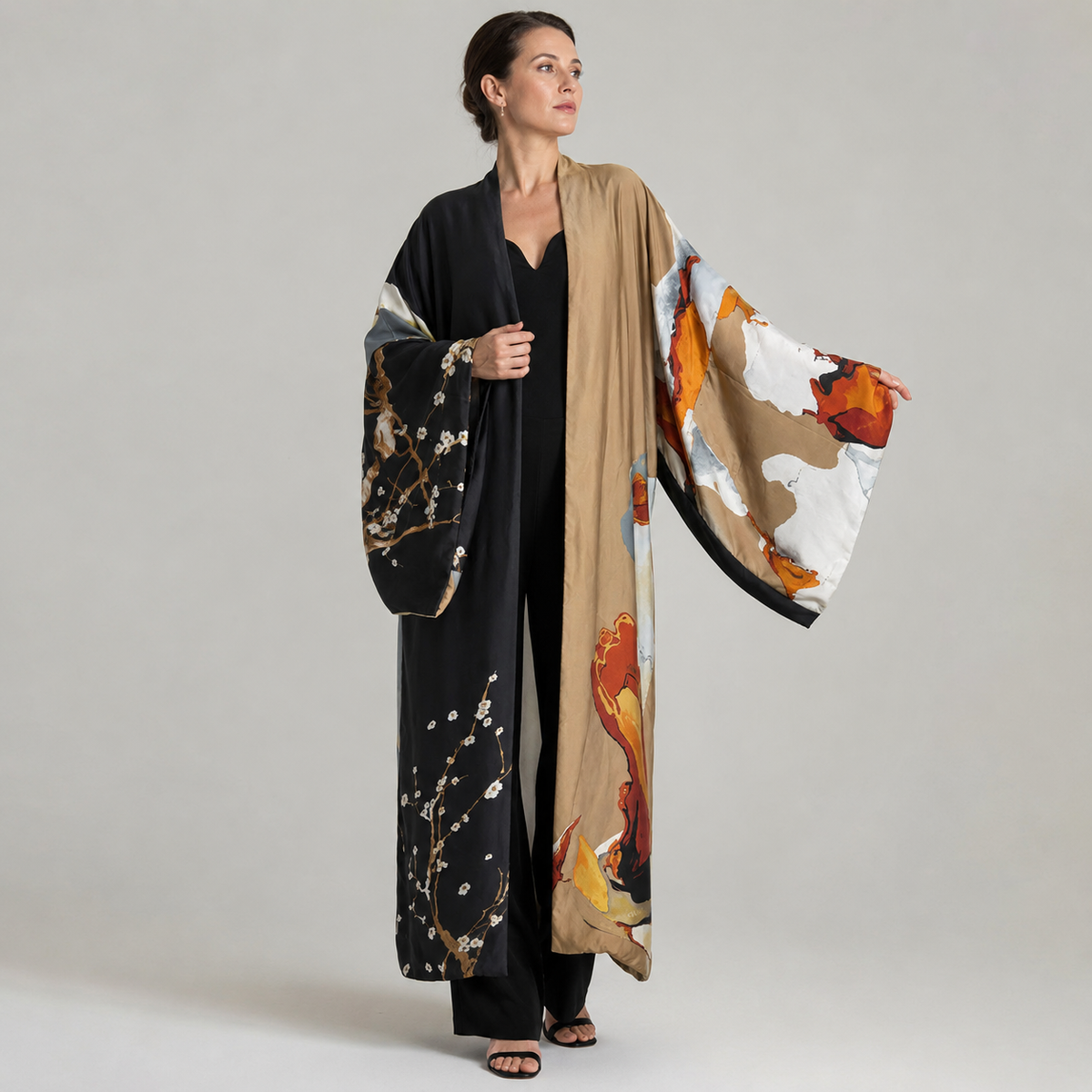 Kimono long abstrait noir terracotta — vue principale