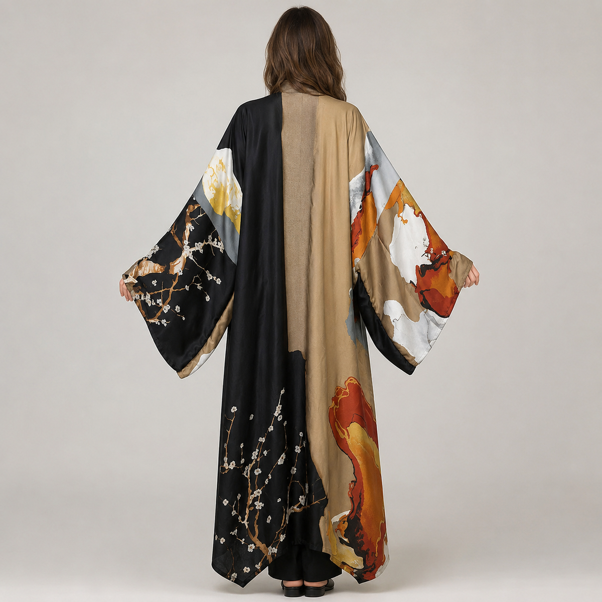 Kimono long abstrait noir terracotta — vue dos