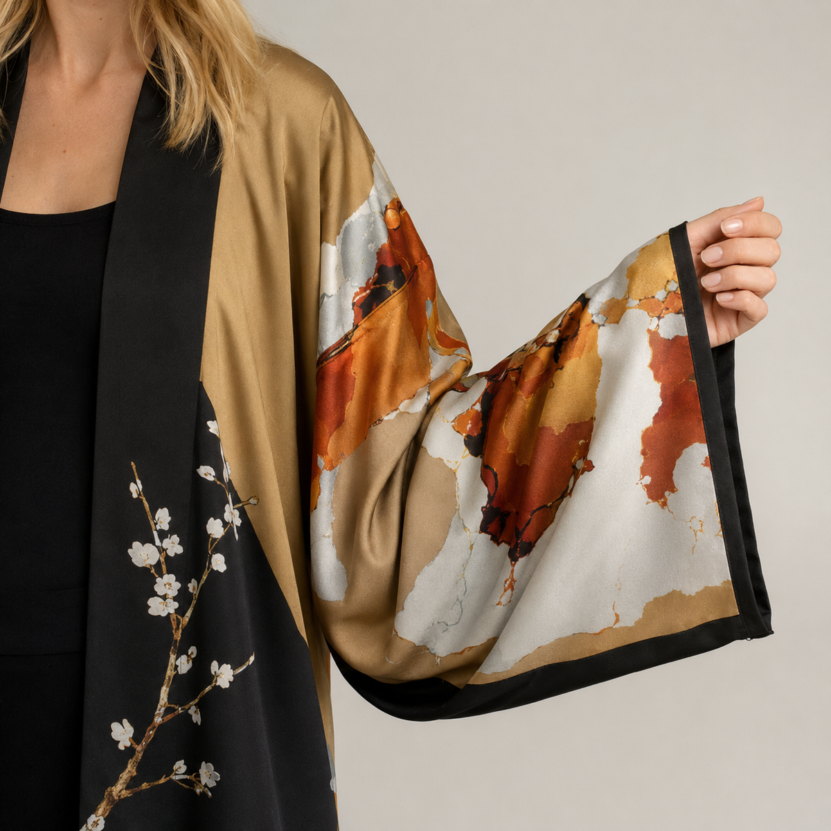 Kimono long abstrait noir terracotta — détail finition