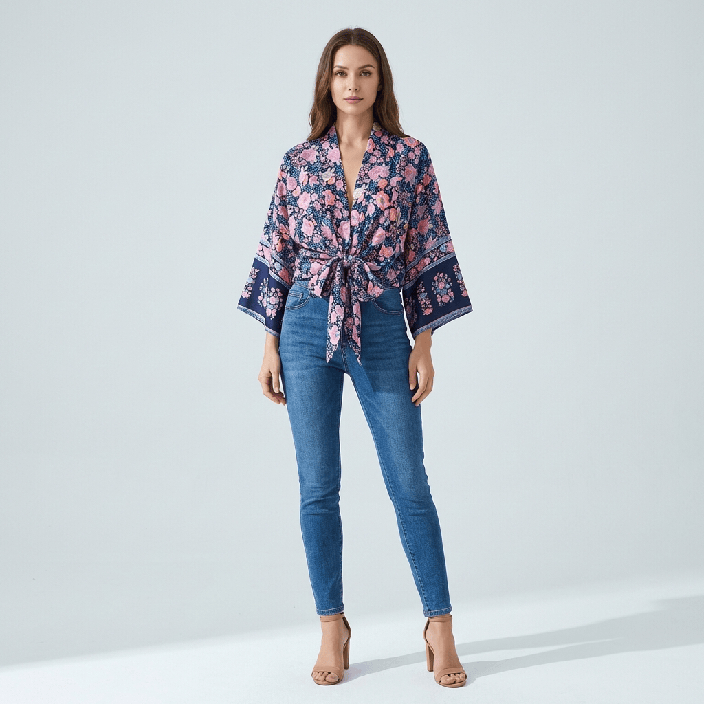 Kimono Bleu Avec Fleurs