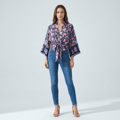 Kimono Bleu Avec Fleurs