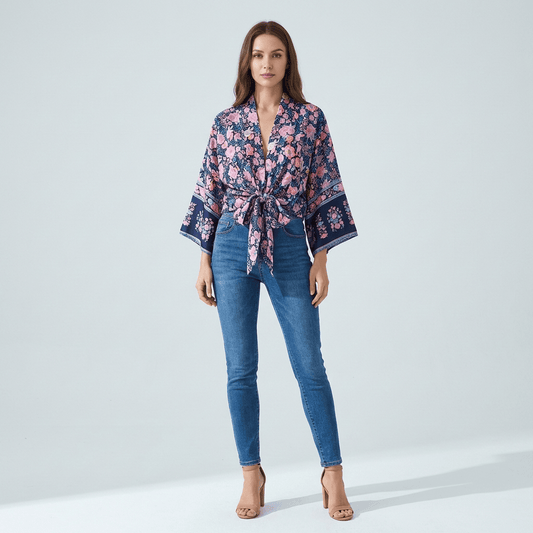 Kimono Bleu Avec Fleurs