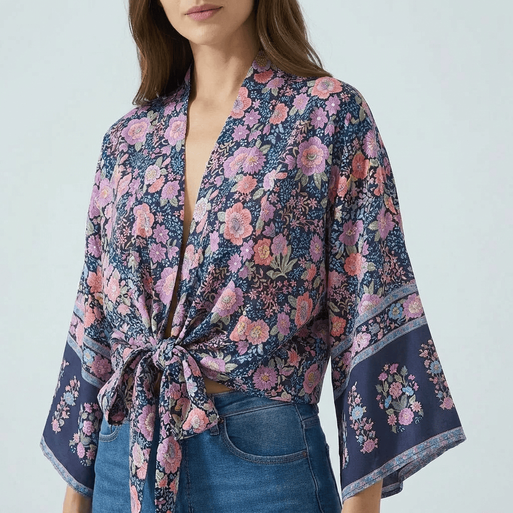 Kimono Bleu Avec Fleurs