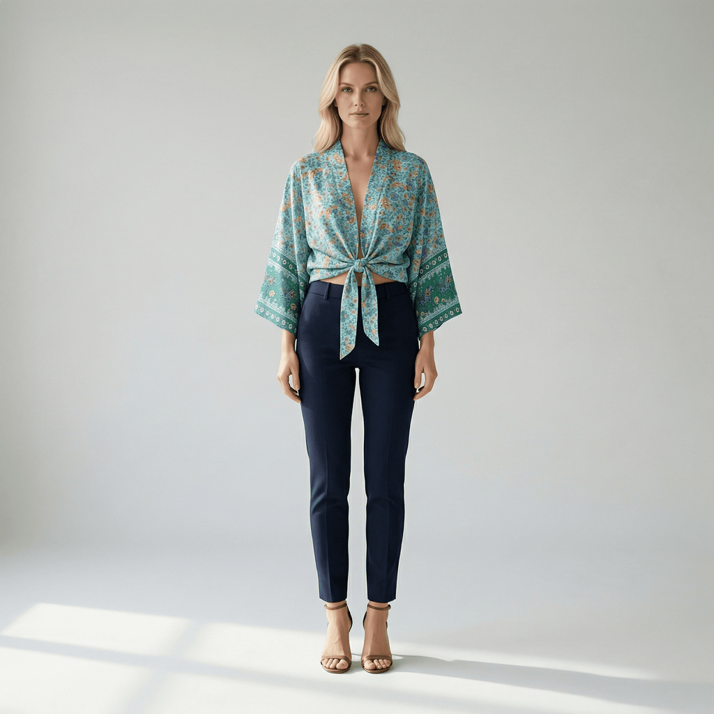 Kimono Court Bleu Fleurs