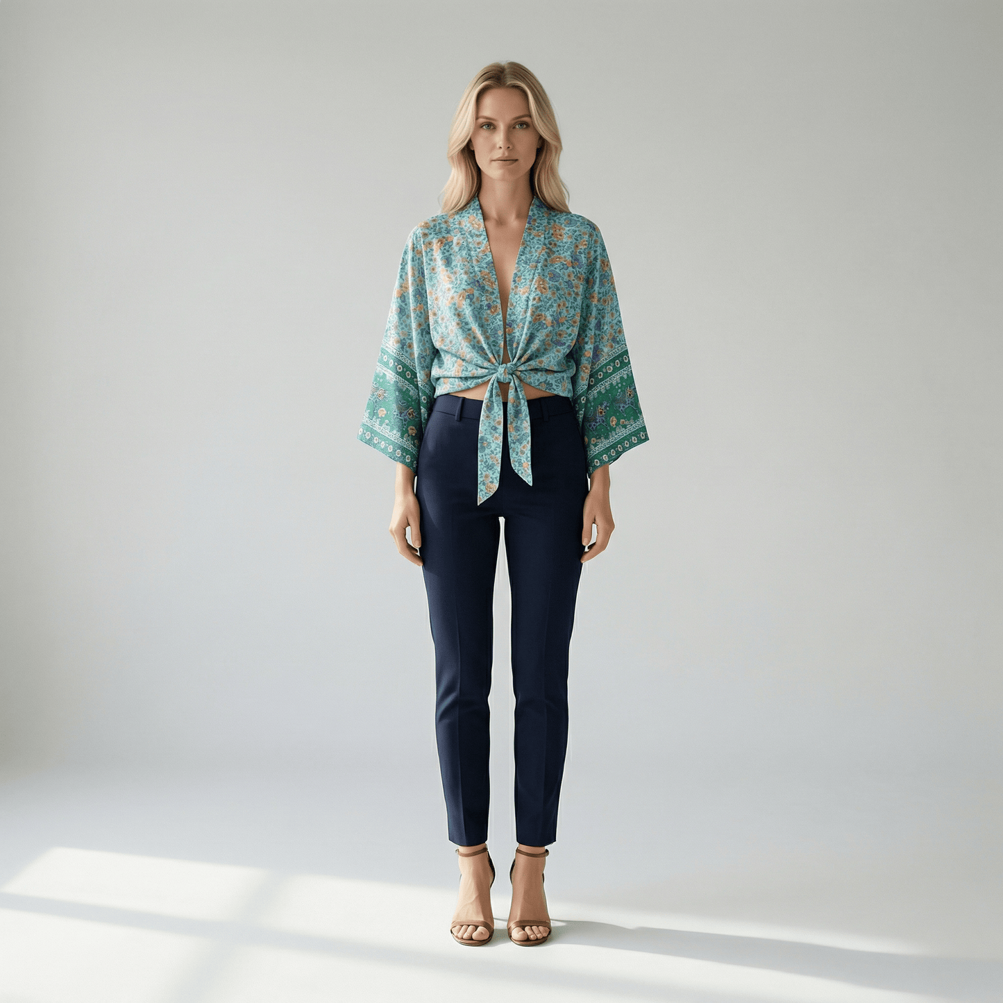 Kimono Court Bleu Fleurs