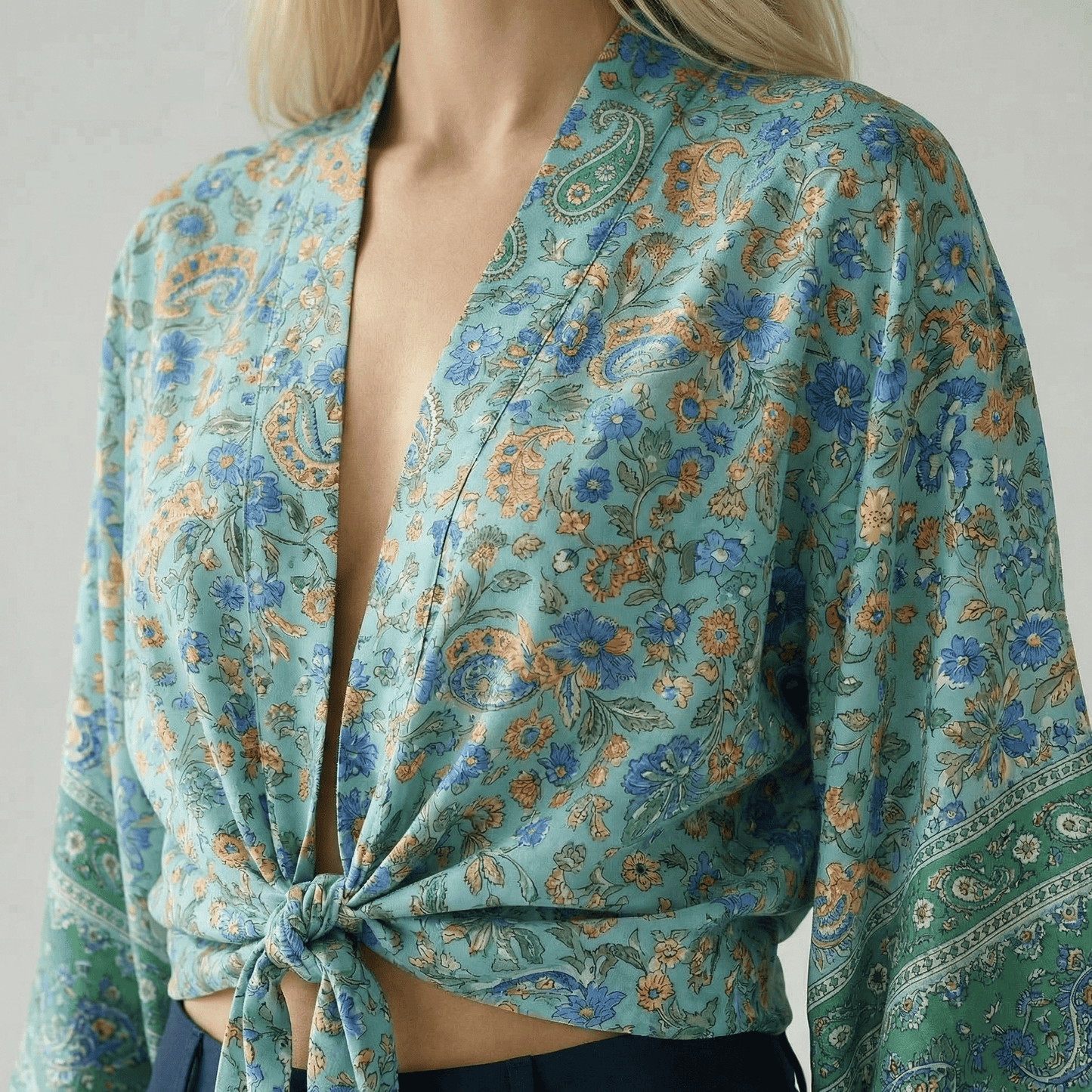 Kimono Court Bleu Fleurs