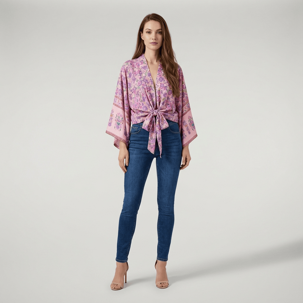 Kimono Court Femme Rose Avec Fleur