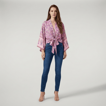 Kimono Court Femme Rose Avec Fleur