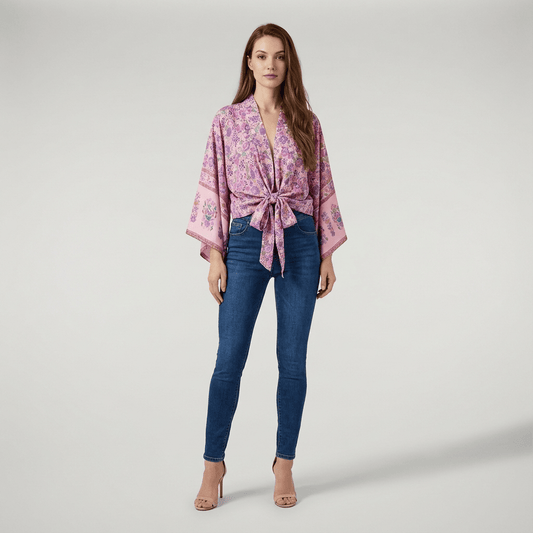 Kimono Court Femme Rose Avec Fleur