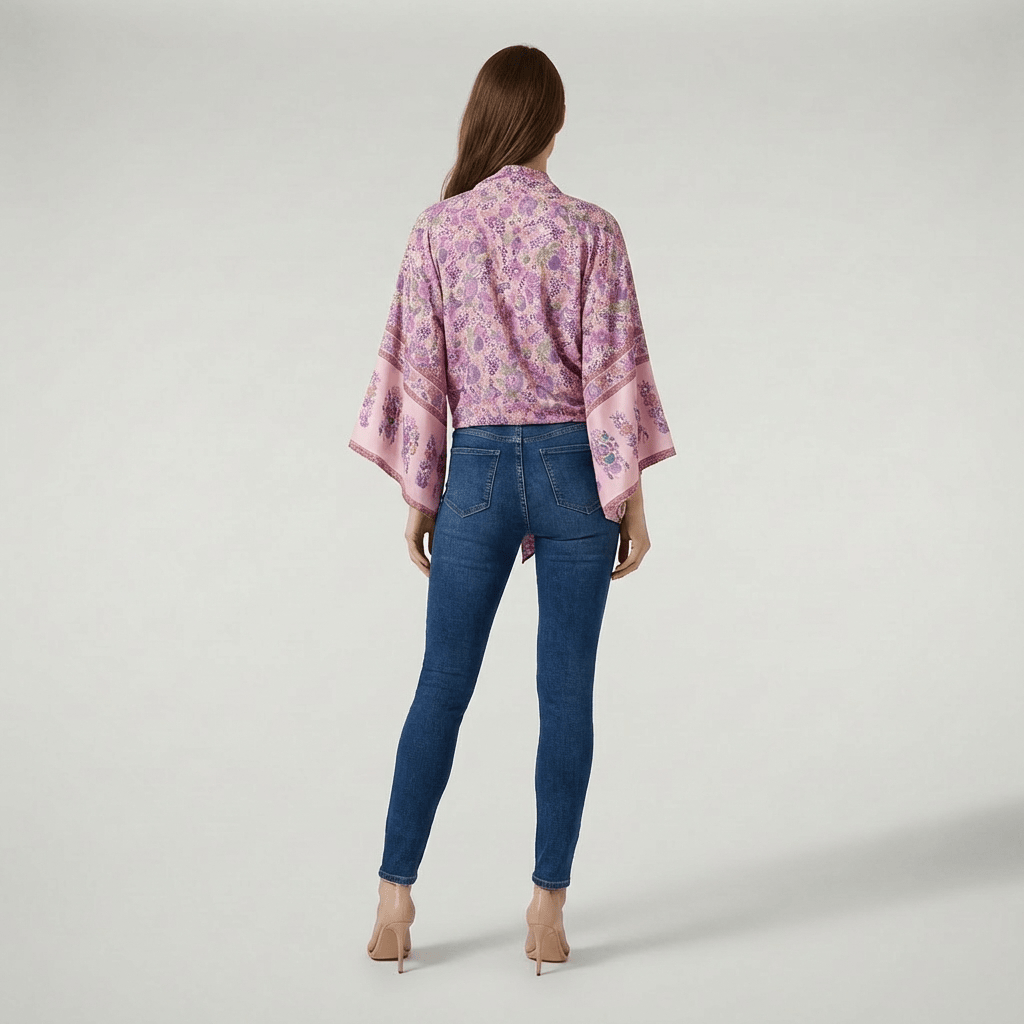 Kimono Court Femme Rose Avec Fleur
