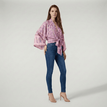 Kimono Court Femme Rose Avec Fleur