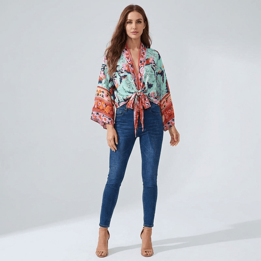 Kimono Court Imprime Exotique Femme Turquoise