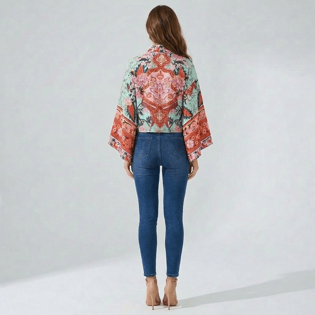 Kimono Court Imprime Exotique Femme Turquoise