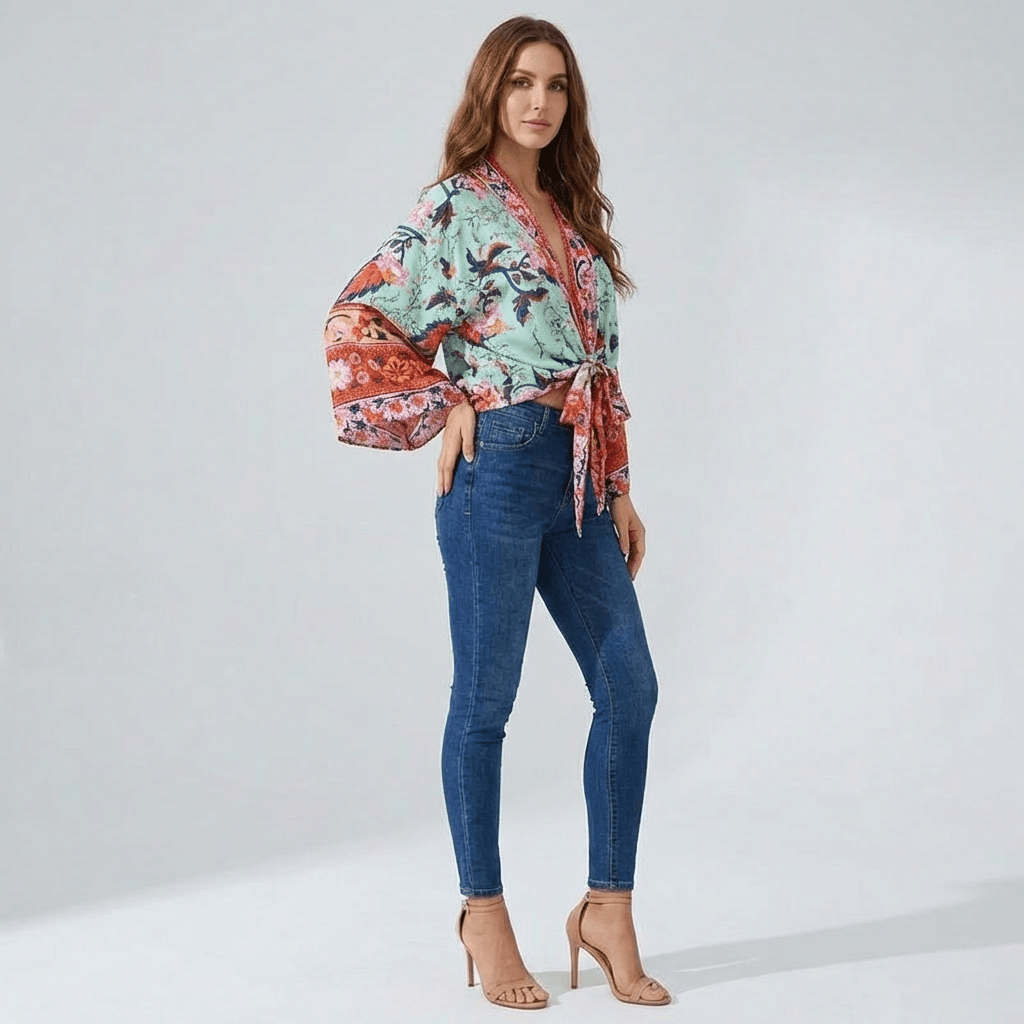 Kimono Court Imprime Exotique Femme Turquoise