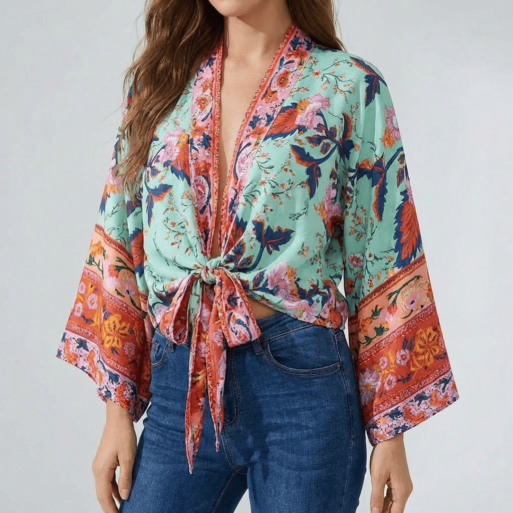 Kimono Court Imprime Exotique Femme Turquoise