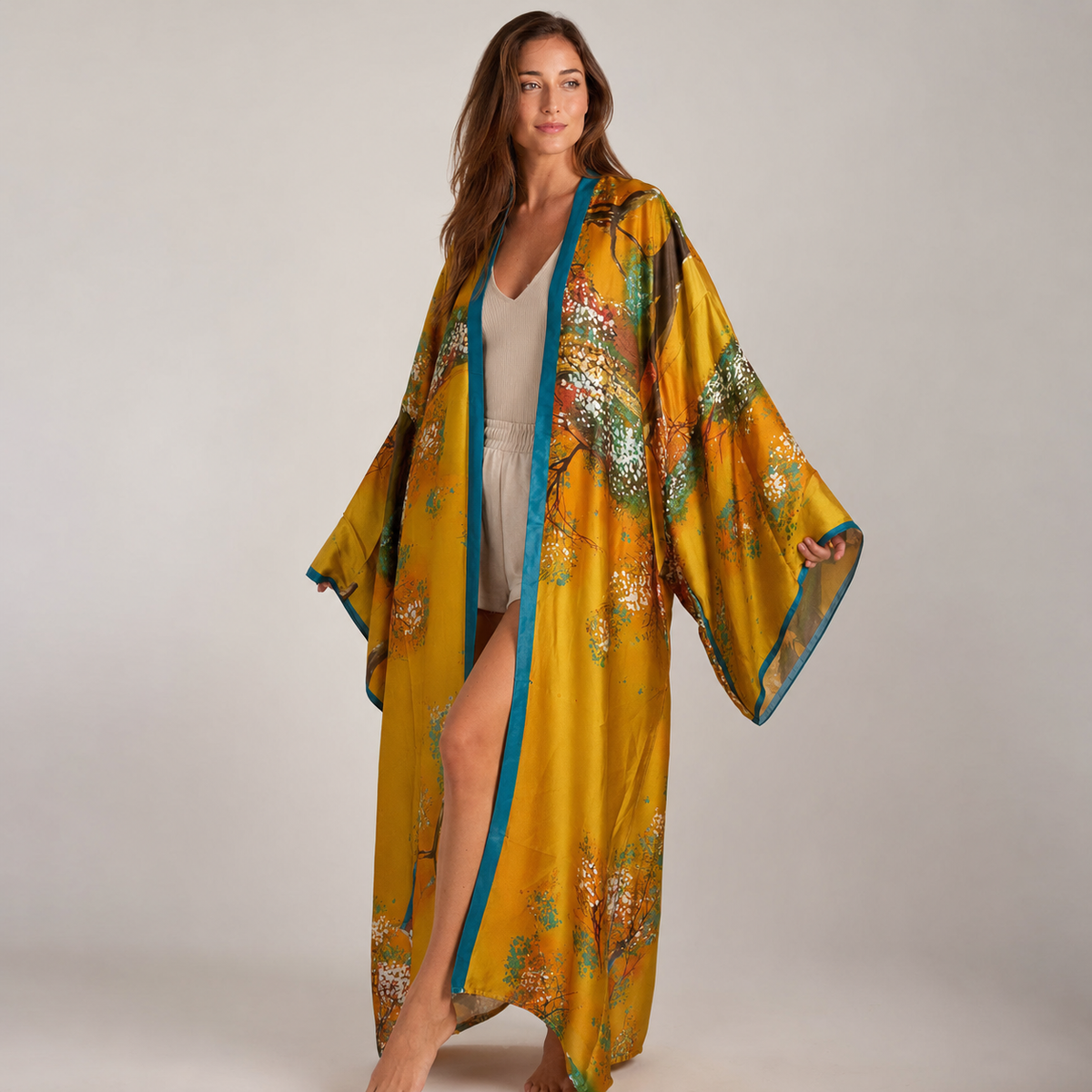 Kimono floral ocre turquoise — vue 1